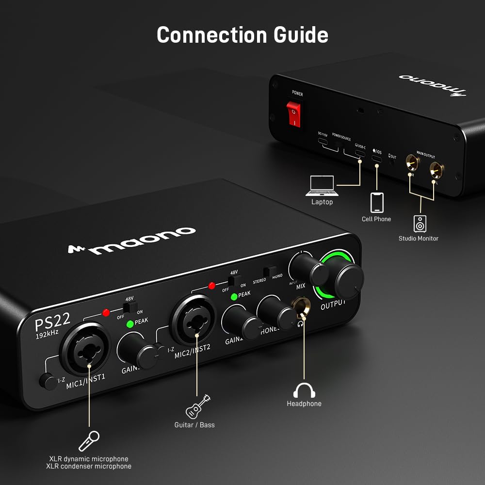 MAONO audio interface, USB Audio Mixer with 60 dB Preamp, 24bit/192kHz with Studio Quality Sound for Recording, Music Production, Guitar, Mac, PC, Smartphone(PS22)