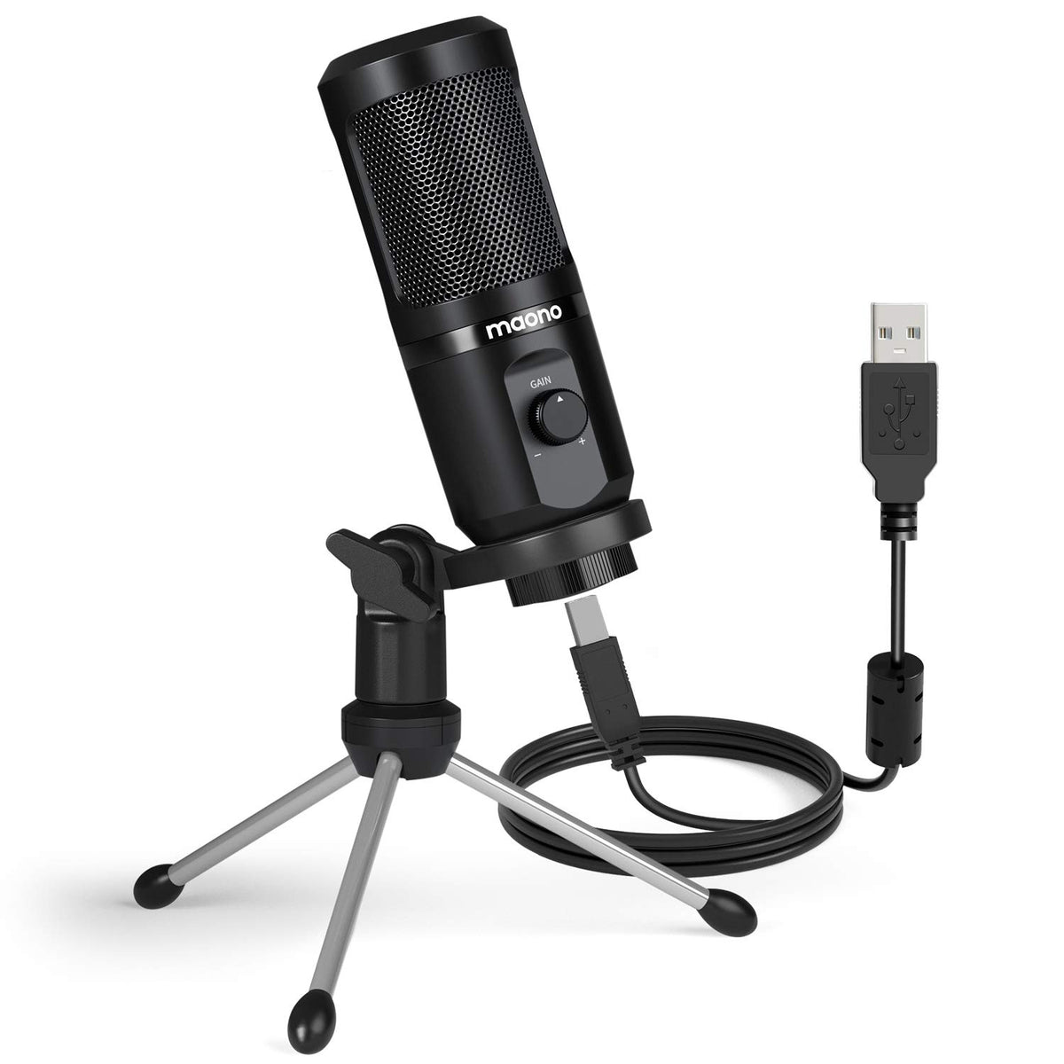 MAONO AU-PM461TR USB Condenser Unidirectional Mic for PC and Singing, Recording Microphone with Mic Gain for Gaming, Podcast, Studio, Vlogging (Black)