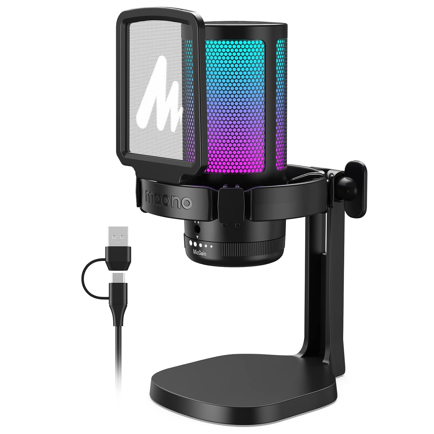 Maono USB Gaming Microphone for PC, Condenser Mic with Noise Cancellation, RGB Lights, Mute, Gain for Streaming, Recording, Podcast, Chat, Twitch, YouTube, Discord, Computer, PS5, PS4, GamerWave DM20/DGM20  Black